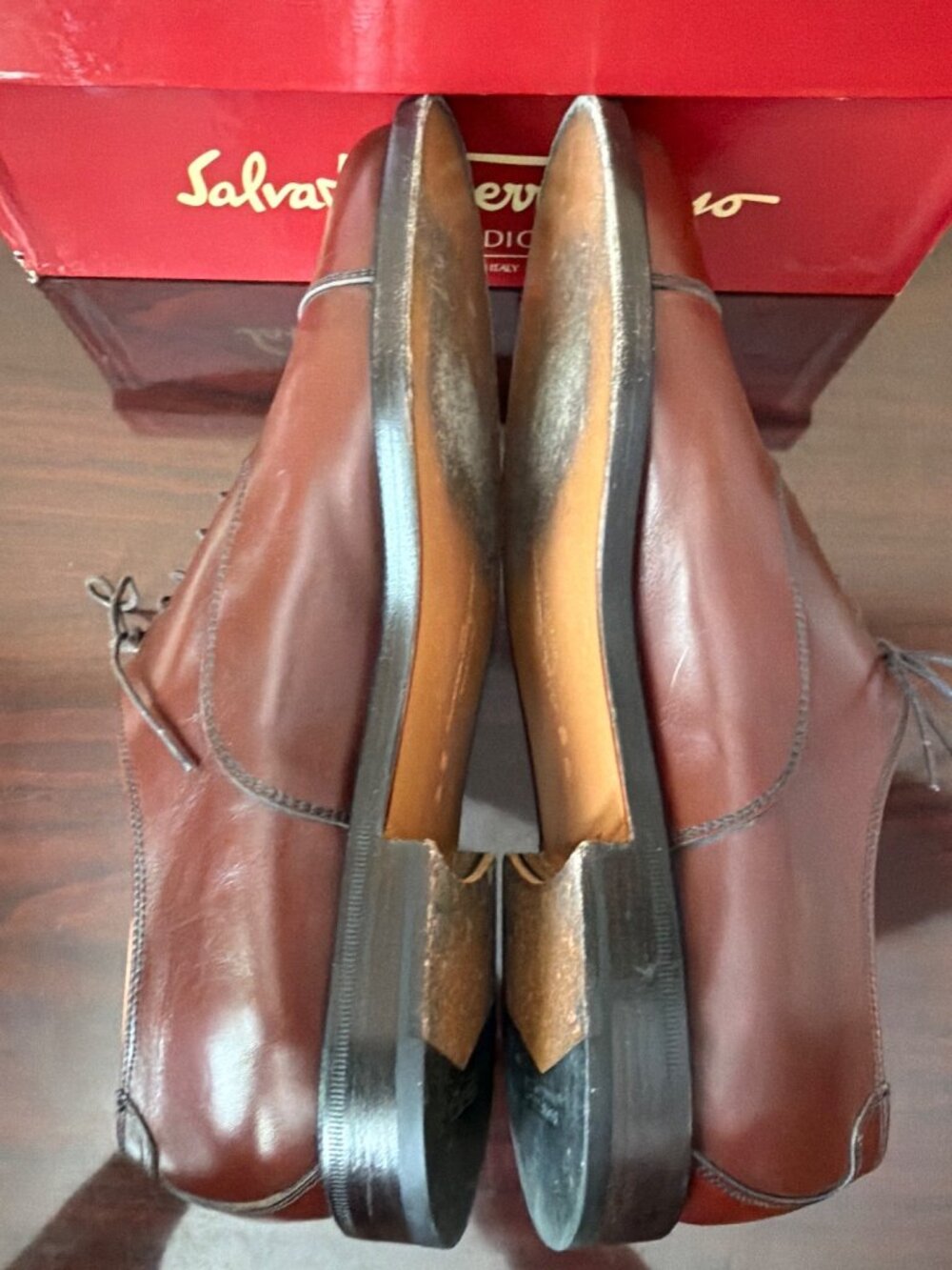 VTG Salvatore Ferragamo "Torre" Men's Tan Leather Cap Toe Oxfords Sz 10 w/Box - Picture 7 of 16